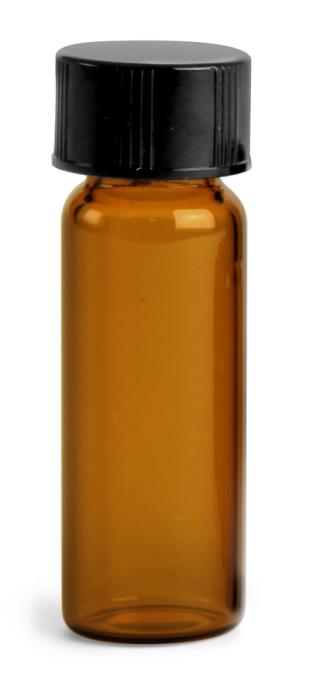 2 dram Amber Glass Vials w/ Black Polypro Ribbed Foil Lined Caps