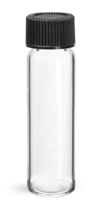 3 dram Glass Vials, Clear Glass Vials w/ Black Ribbed PE Lined Caps