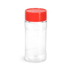 4 oz Clear PET Spice Bottles w/ Red Unlined Caps and Sifter Fitments