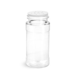 4 oz Clear PET Spice Bottles w/ White Unlined Caps and Sifter Fitments