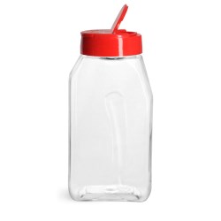 16 oz Clear PET Gripped Spice Bottles w/ Red Pressure Sensitive Lined Caps