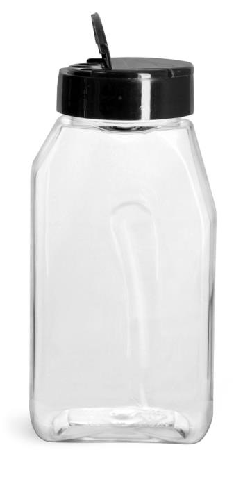 16 oz Clear PET Gripped Spice Bottles w/ Black Pressure Sensitive Lined Caps