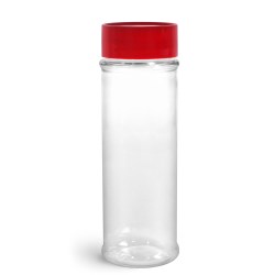 5.75 oz Clear PET Spice Bottles w/ Sifters and Red Unlined Caps