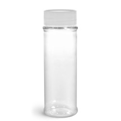 5.75 oz Clear PET Spice Bottles w/ Sifters and White Unlined Caps