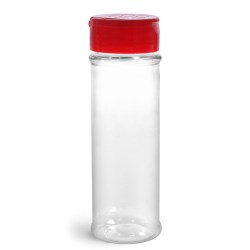 5.75 oz Plastic Bottles, Clear PET Spice Bottles w/ Red Pressure Sensitive Lined Caps