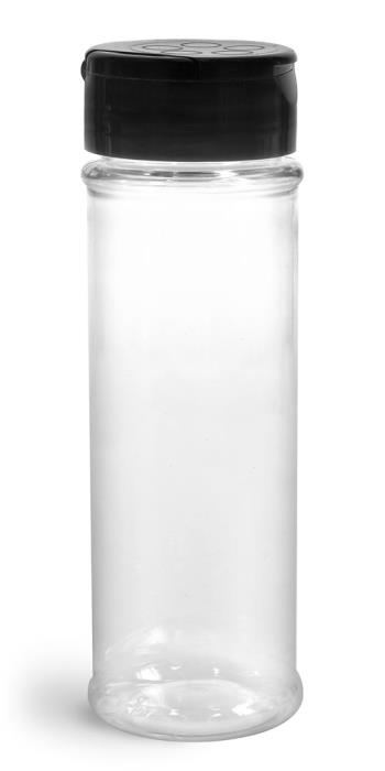 5.75 oz Plastic Bottles, Clear PET Spice Bottles w/ Black Pressure Sensitive Lined Caps
