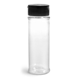 5.75 oz Plastic Bottles, Clear PET Spice Bottles w/ Black Pressure Sensitive Lined Caps