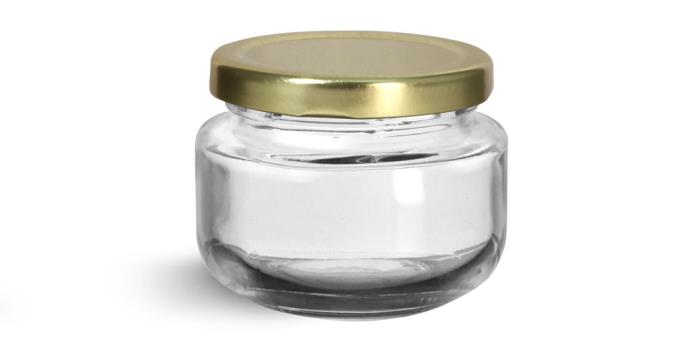60 ml Glass Jars, Clear Glass Wide Mouth Jars w/ Gold Metal Plastisol Lined Lug Caps