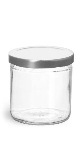 7.75 oz Clear Glass Straight Sided Jars w/ Silver Metal Lined Lug Caps