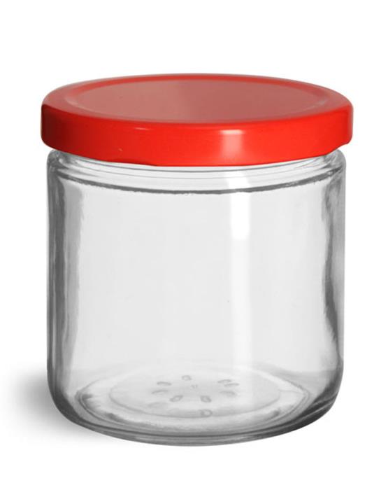 7.75 oz Glass Jars, Clear Glass Straight Sided Jars w/ Red Metal Plastisol Lined Lug Caps