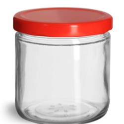 7.75 oz Glass Jars, Clear Glass Straight Sided Jars w/ Red Metal Plastisol Lined Lug Caps