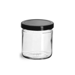 7.75 oz Clear Glass Straight Sided Jars w/ Black Metal Plastisol Lined Lug Caps