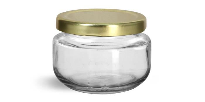 140 ml Glass Jars, Clear Glass Wide Mouth Jars w/ Gold Metal Plastisol Lined Lug Caps
