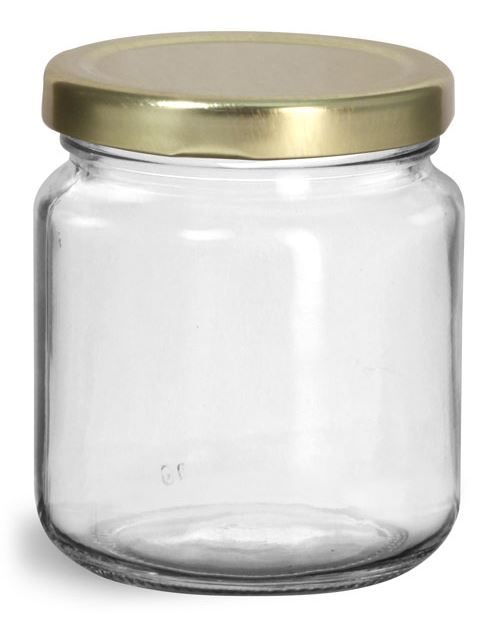 200 ml Glass Jars, Clear Glass Wide Mouth Jars w/ Gold Metal Plastisol Lined Lug Caps