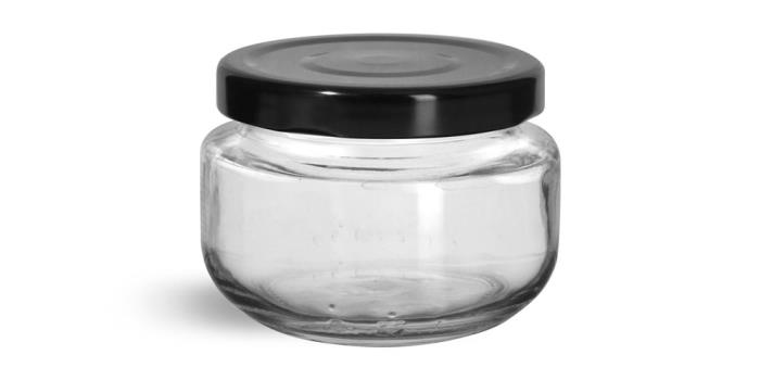 140 ml Glass Jars, Clear Glass Wide Mouth Jars w/ Black Metal Plastisol Lined Lug Caps
