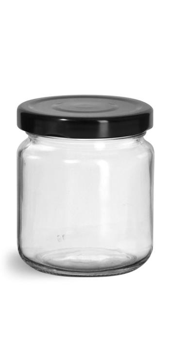 200 ml Glass Jars, Clear Glass Wide Mouth Jars w/ Black Metal Plastisol Lined Lug Caps
