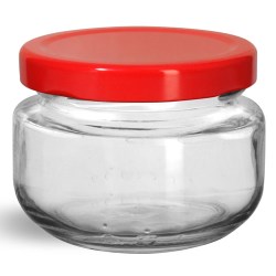 140 ml Glass Jars, Clear Glass Wide Mouth Jars w/ Red Metal Plastisol Lined Lug Caps