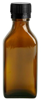 100 ml Amber Glass Oblong Flasks w/ Black PP Ribbed Closures & Tamper Evident Seals w/ Pouring Inserts