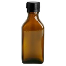 100 ml  Amber Glass Oblong Flasks w/ Black PP Ribbed Closures & Tamper Evident Seals w/ Pouring Inserts