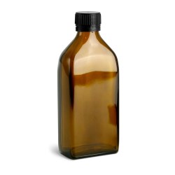 250 ml  Amber Glass Oblong Flasks w/ Black PP Ribbed Closures & Tamper Evident Seals w/ Pouring Inserts