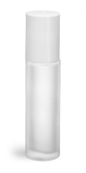 .35 oz White Frosted Glass Roll On Containers w/ Ball and White Caps