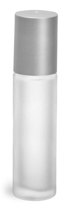 .35 oz Frosted Clear Natural Frosted Glass Roll On Containers w/ Ball and Brushed Silver Polypro Caps