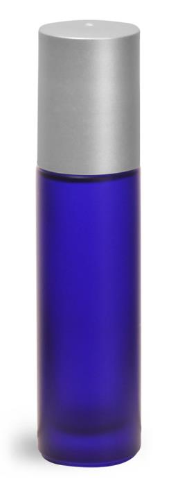 .35 oz Frosted Blue Glass Roll On Containers w/ Ball and Brushed Silver Polypro Caps