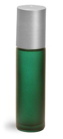 .35 oz Frosted Green Green Frosted Glass Roll On Containers w/ Ball and Brushed Silver Polypro Caps