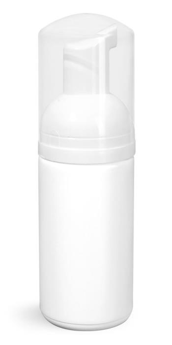 100 ml Plastic Bottles, White HDPE Cylinders w/ White Foamer Pumps & Overcaps