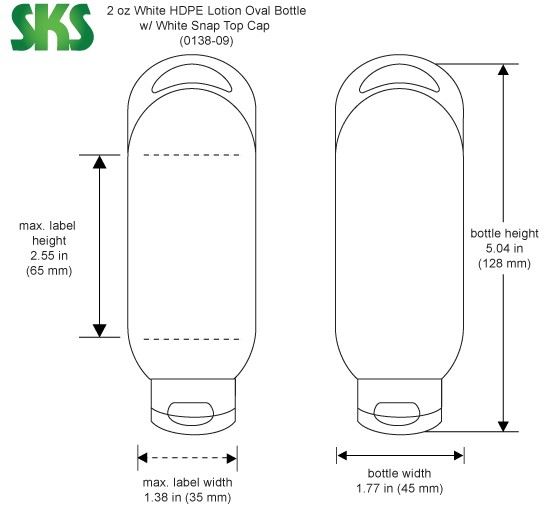 2 oz Plastic Bottles, White HDPE Lotion Ovals w/ White Snap Top Caps