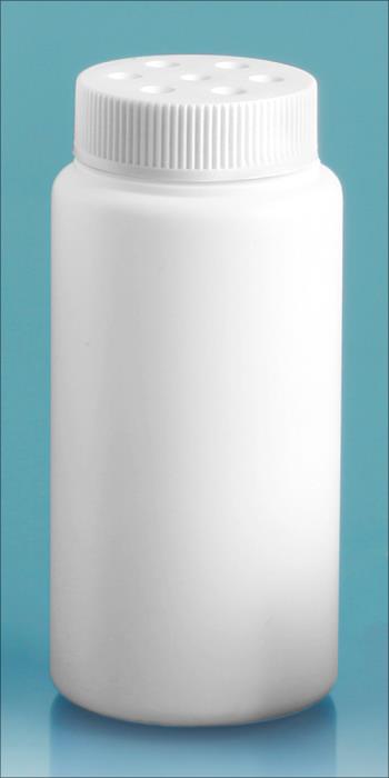 3 oz White HDPE Powder Style Bottles w/ White Twist Top Sifter Caps