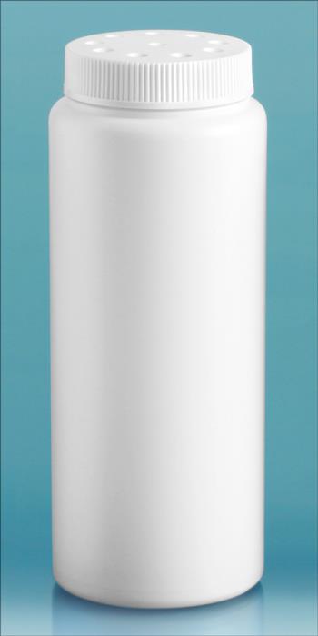 6 oz White HDPE Powder Style Bottles w/ White Twist Top Sifter Caps