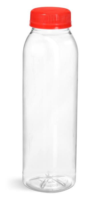 10 oz Plastic Bottles, Clear PET Round Beverage Bottles w/ Red Tamper Evident Caps