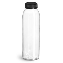 10 oz Plastic Bottles, Clear PET Round Beverage Bottles w/ Black Polypro Tamper Evident Caps