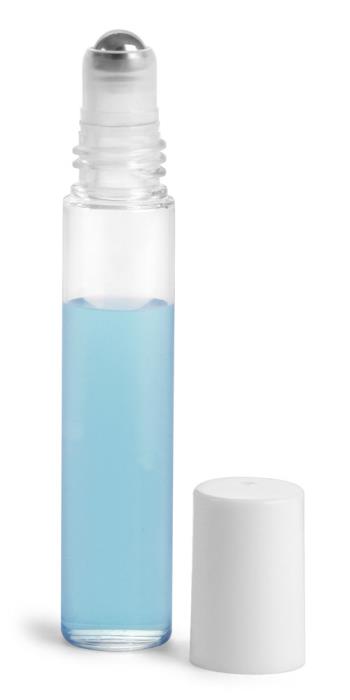 10.6 ml w/ White Cap Clear PET Roll On Containers w/ Stainless Steel Balls and Caps