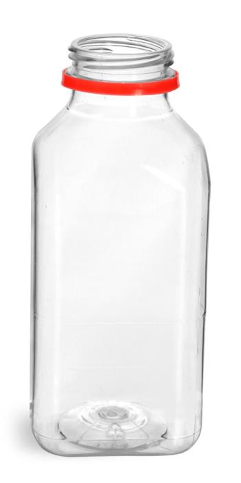 12 oz Plastic Bottles, Clear PET Square Beverage Bottles w/ Red Tamper Evident Caps
