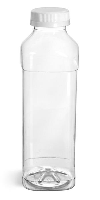 16 oz Plastic Bottles, Clear PET Square Beverage Bottles w/ White Polypro Tamper Evident Caps