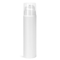 50 ml Plastic Bottles, White Polypropylene Mini Airless Pump Bottles w/ Pumps, Snap Caps, & Overcaps