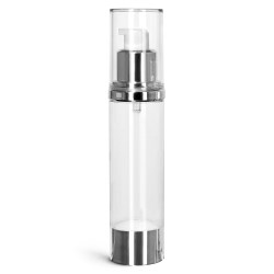 50 ml Styrene Plastic Bottles, Clear Airless Pump Bottles w/ Silver Pumps & Clear Caps