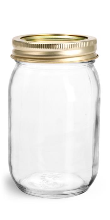 16 oz Glass Jars, Clear Glass Mayo/Economy Jars w/ Gold Two Piece Canning Lids