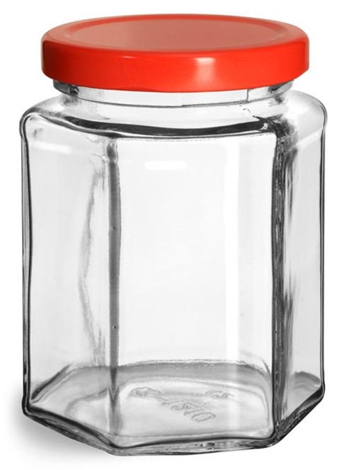 9 oz Glass Jars, Clear Glass Hexagon Jars w/ Red Metal Plastisol Lined Lug Caps
