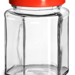 9 oz Glass Jars, Clear Glass Hexagon Jars w/ Red Metal Plastisol Lined Lug Caps