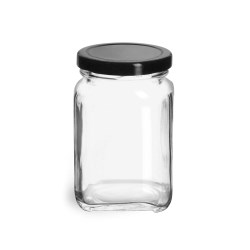 3.75 oz Glass Jars, Clear Glass Square Jars w/ Black Metal Lug Caps