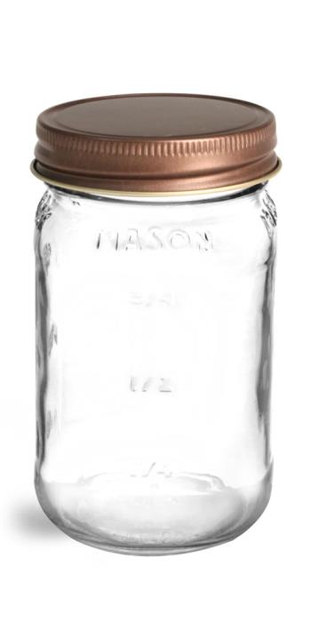 16 oz Glass Jars, Clear Glass Mason Jars w/ Rustic Bronze Unlined Metal Closures