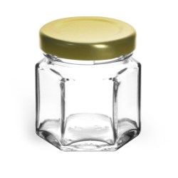 1 1/2 oz Clear Glass Hexagon Jars w/ Gold Lug Caps