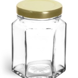 3 3/4 oz Clear Glass Hexagon Jars w/ Gold Lug Caps