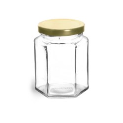 9 oz Clear Glass Hexagon Jars w/ Gold Lug Caps