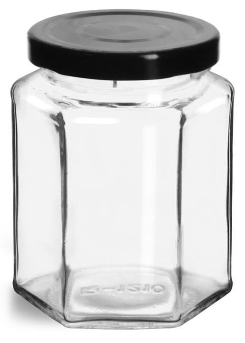 9 oz Clear Glass Hexagon Jars w/ Black Metal Lug Caps