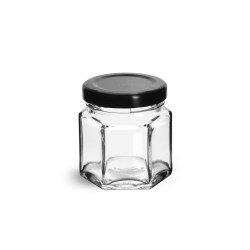 1.5 oz Clear Glass Hexagon Jars w/ Black Metal Lug Caps