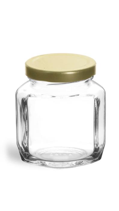 6 oz Clear Glass Oval Hexagon Jar w/ Gold Lug Caps